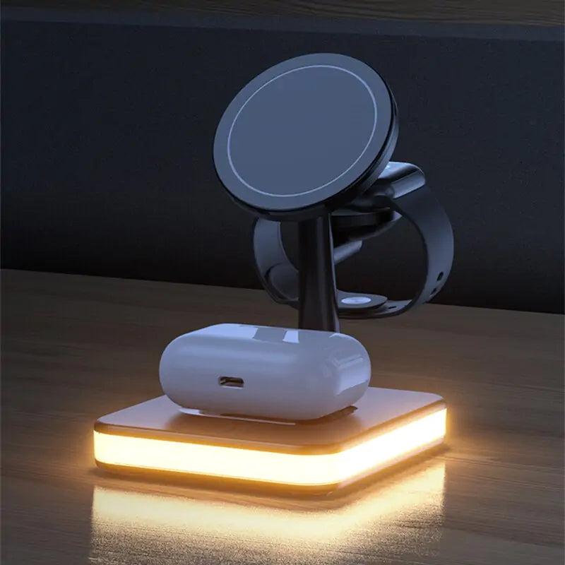 ⚡ 4-in-1 Mag-Safe Wireless Charger Stand 🔋 – Fast Charging for iPhone 📱, AirPods 🎧, Apple Watch ⌚ & More | 🧲 Magnetic Snap-On | ✨ Sleek & Minimalist Design