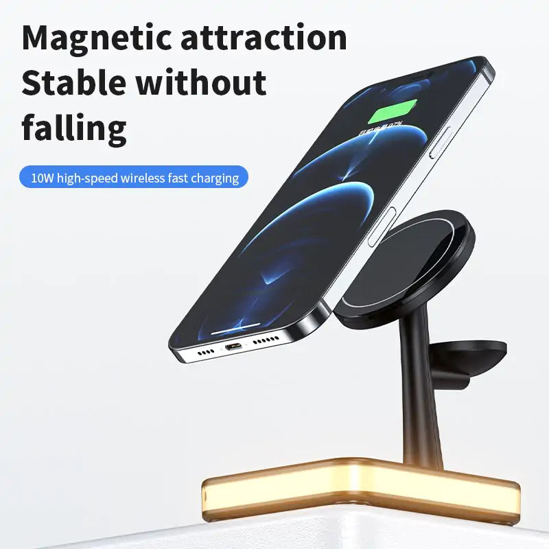 ⚡ 4-in-1 Mag-Safe Wireless Charger Stand 🔋 – Fast Charging for iPhone 📱, AirPods 🎧, Apple Watch ⌚ & More | 🧲 Magnetic Snap-On | ✨ Sleek & Minimalist Design