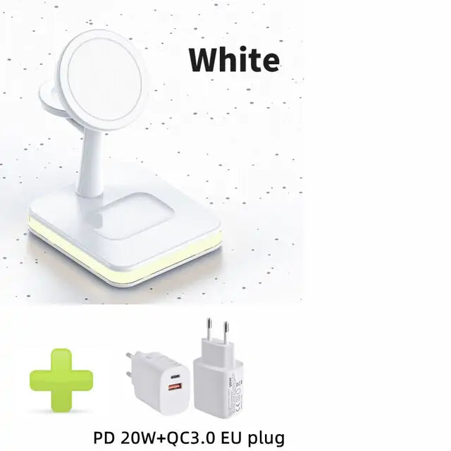 ⚡ 4-in-1 Mag-Safe Wireless Charger Stand 🔋 – Fast Charging for iPhone 📱, AirPods 🎧, Apple Watch ⌚ & More | 🧲 Magnetic Snap-On | ✨ Sleek & Minimalist Design