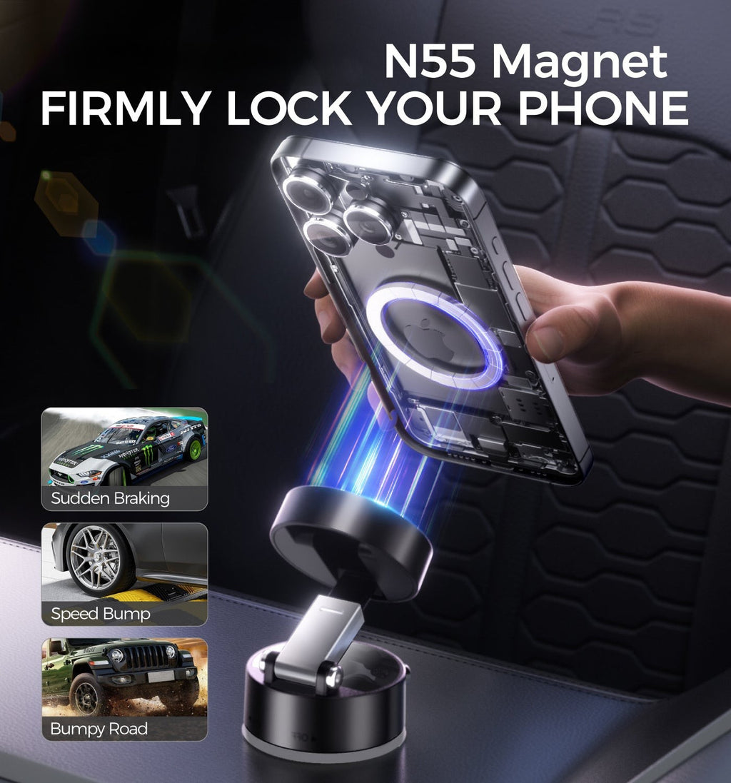 📱 4-in-1 Magnetic Vacuum Phone Holder 🧲 – Strong Grip for Car 🏎️, Office 🗄️ & Home 🏠 | Sleek Design + N52 Magnet + Easy Setup Kit